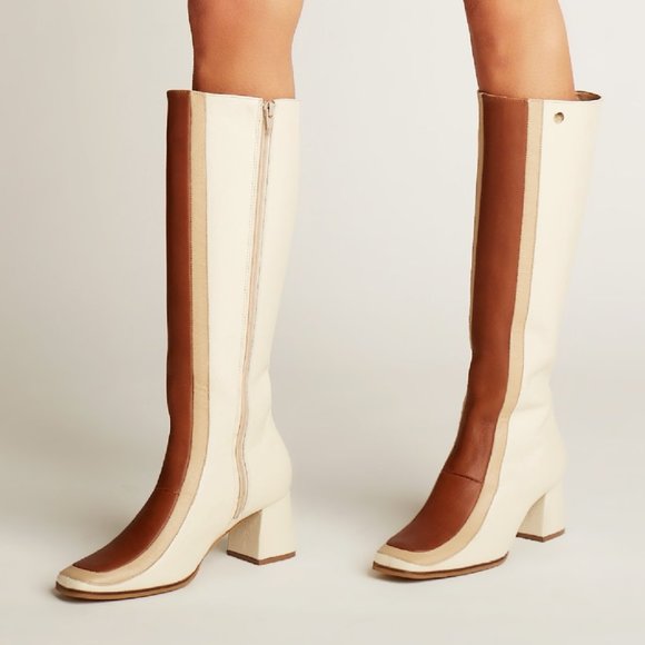 70s Revival Leather Colorblock Knee-High Heeled Boots - Picture 7 of 15